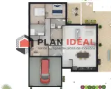 Plan maison plain pied 3 chambres avec suite parentale, garage, terrasse et piscine.