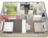 Plan d'une maison de 40m2. Le sol de cette maison de 40m2 comprend deux chambres, un salon, une salle de bain et une cuisine.