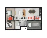 Plan maison plain-pied 2 chambres avec garage et cellier. Idéal pour une famille, ce plan offre un espace de vie lumineux et fonctionnel.