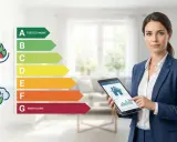 Une femme en costume bleu présente une tablette affichant des données sur la classe énergie d'une maison. L'échelle de A (très économe) à G (énergivore) est visible.