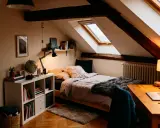 Chambre sous comble très bas, avec lit douillet, bureau et étagères. Lumière chaleureuse et poutres apparentes.