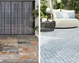Deux terrasses : une avec un carrelage extérieur imitation ardoise, l'autre avec un carrelage extérieur bleu et blanc à motifs.