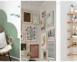 Idées pour habiller un angle de mur intérieur : fauteuil en rotin, galerie d'art murale, étagères d'angle en bois.