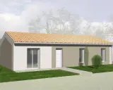 Une maison moderne avec toit en tuiles, idéale pour construire maison pour 80 000 euros. Pelouse verte et ciel nuageux.