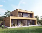 Maison bois moderne avec terrasse, jardin fleuri. Un bel exemple de maison booa prix m2 abordable et design.