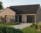 Construction d'une maison contemporaine en briques avec garage, jardin fleuri et un chat endormi.