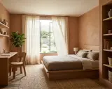 Chambre d'ado chaleureuse avec murs ocre, lit en bois, bureau et plante verte. Une belle idée décoration chambre ado pour un espace cosy et naturel.