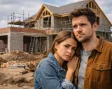 Un couple inquiet devant sa maison en construction dans les bois.