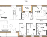 Plan d'une maison de plain-pied avec séjour-salon, cuisine, 3 chambres, terrasse bois. Idéal pour un projet de plan longère plain pied.