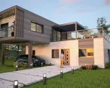 Une maison conteneur moderne avec une voiture garée sous un abri, un chemin éclairé et une piscine.