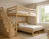 Aménagement mezzanine petit espace : lit superposé en bois clair avec escalier intégré et rangements. Idéal pour optimiser l'espace.