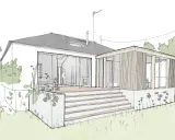 Croquis d'une extension de maison moderne avec terrasse en bois. Estimation du prix extension maison 20m2.