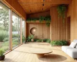 Un salon lumineux tout en bois, avec de grandes baies vitrées donnant sur un jardin luxuriant. Ce **logement du futur** intègre la nature avec des plantes suspendues et des jardinières.