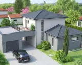 Une maison contemporaine en L avec garage, terrasse sur le toit et jardin verdoyant.