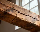 Gros plan sur une poutre en bois fissurée, témoin silencieux d'une maison qui craque toujours au même endroit. La lumière du jour révèle ses imperfections.