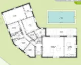 Plan d'une maison plain pied moderne de 150m2 avec garage, piscine, terrasse, 3 chambres, bureau, cuisine et pièce de vie spacieuse.