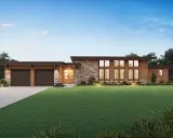 Une élégante maison bois moderne plain pied avec garage double, façade en pierre et grandes fenêtres.