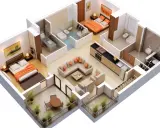 Plan d'une petite maison 2 chambres avec salon, cuisine, deux salles de bain et balcons.