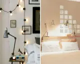 Guirlande lumineuse et lampe d'appoint dans une chambre borgne. Le mur de gauche est en briques blanches, celui de droite est beige avec des carreaux de verre.