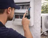 Un technicien vérifie le disjoncteur de climatisation dans un panneau électrique. L'unité extérieure de la climatisation est visible à droite.