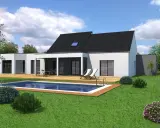 Vue 3D d'un plan maison 200m2 moderne avec piscine et terrasse en bois.