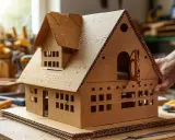 Une main tient une **maison en carton** détaillée, avec des fenêtres découpées et un toit à plusieurs niveaux, posée sur un établi.