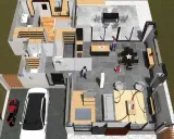 Vue aérienne d'un plan maison 4 chambres avec garage, salon, salle à manger, cuisine et terrasse.