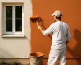 Un homme en casquette applique une peinture sur crépi ocre à l'aide d'un rouleau, transformant une façade blanche.