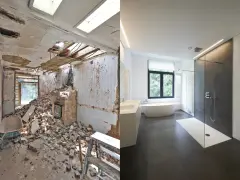 Avant/après d'une salle de bain : démolition complète d'une pièce en ruine, puis transformation en espace moderne et luxueux. Le prix de la renovation salle de bain peut varier.