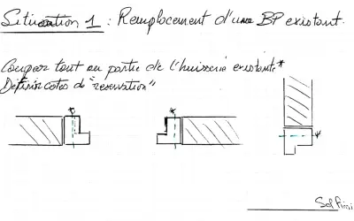 Schéma illustrant la coupe d'une huisserie existante pour définir la dimension hors tout porte et la réservation.