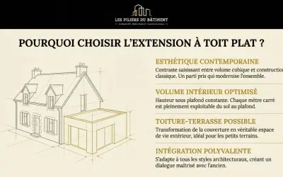 Croquis d'une maison avec une extension moderne à toit plat, illustrant les avantages de faire un toit plat pour un volume intérieur optimisé et une esthétique contemporaine.