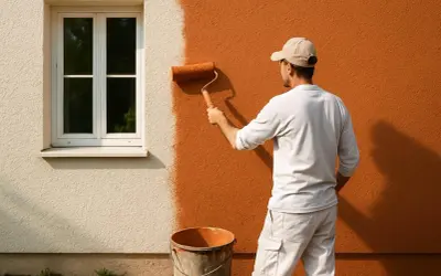Un homme en casquette applique une peinture sur crépi ocre à l'aide d'un rouleau, transformant une façade blanche.