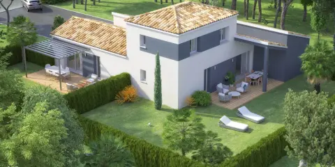 Plan maison jumelée 80m2 avec terrasses en bois, pergola et jardin paysager. Idéal pour une famille.