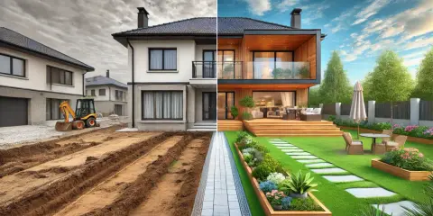Avant/après : chantier d'une maison neuve transformé en jardin paysager luxuriant.