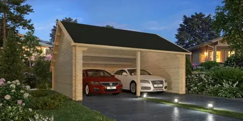 Un garage en bois abrite deux voitures. Le prix de construction de ce garage est abordable.