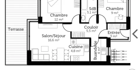 Plan d'une maison 60 m² avec terrasse, salon, cuisine, buanderie, deux chambres et salle de bain.