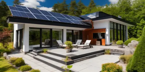 Une maison basse consommation avec des panneaux solaires sur le toit, une terrasse moderne et un jardin verdoyant.