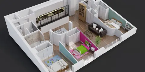 Plan appartement 80m2 2 chambres : cuisine moderne, salon, salle de bain, et deux chambres confortables.