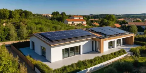 Une **petite maison passive** moderne avec des panneaux solaires sur le toit, entourée de verdure et de collines.