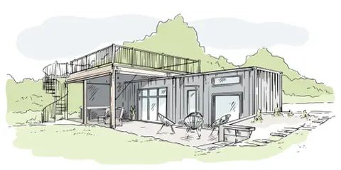 Une maison container moderne avec terrasse et escalier en colimaçon. Un design épuré pour une habitation contemporaine.