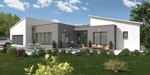 Maison moderne de plain-pied avec garage, terrasse aménagée et jardin verdoyant.