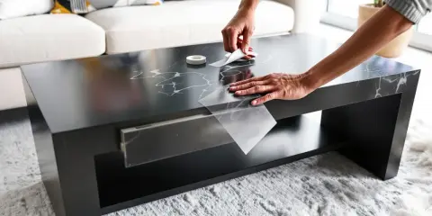 Mains appliquant un film adhésif marbré pour customiser une table basse noire.