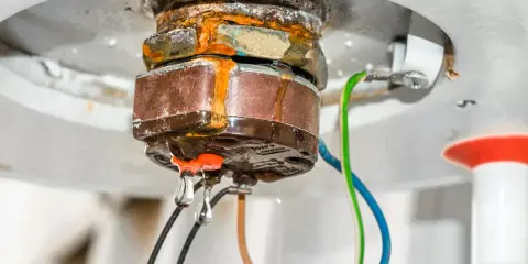 Gouttes d'eau tombant d'une chaudière qui fuit par le bas, signe de corrosion et de problèmes imminents.