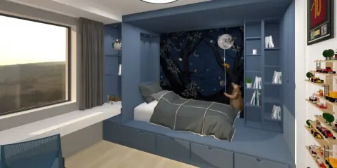 Idée pour aménager petite chambre enfant : lit intégré avec rangements, mur étoilé, ours en peluche et vue sur la campagne.