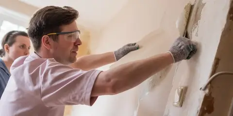 Un homme avec des lunettes de protection et des gants commence à décoller du vieux papier peint d'un mur, une femme l'observe.