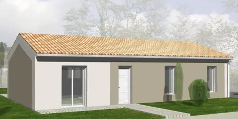 Une maison moderne avec toit en tuiles, idéale pour construire maison pour 80 000 euros. Pelouse verte et ciel nuageux.