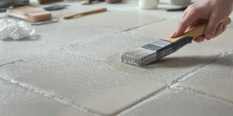 Application d'une couche de béton ciré sur du carrelage. Une main tient un pinceau pour étaler le produit sur les carreaux.