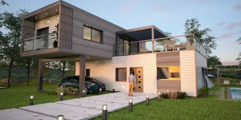 Une maison conteneur moderne avec une voiture garée sous un abri, un chemin éclairé et une piscine.