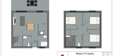 Plan d'une maison T4 duplex de 75m2 avec 2 chambres. L'étage supérieur montre les deux chambres.