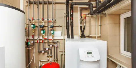 Système de chauffage central avec chaudière à ionisation, réservoir d'eau chaude, pompes et tuyauterie complexe.